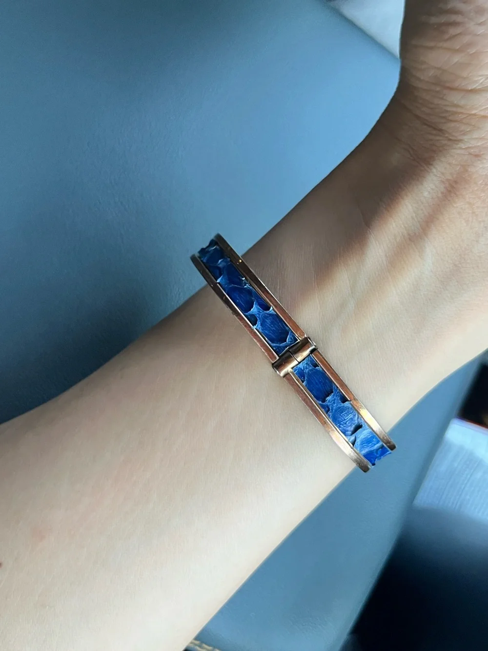 1970S Chanel Interlocking CC Cuff Bracelet Blue Snakeskin RARE Vintage